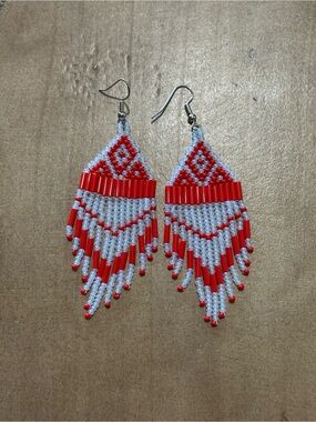 Brand New Handmade Red and White Beaded Fringe Earrings
